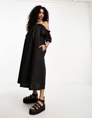 tie shoulder oversized smock maxi dress in black
