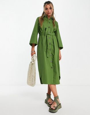Object tie waist midi shirt dress with oversized sleeves in green