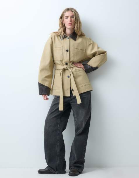 Object tie-waist short jacket with contrast details in beige - view 1