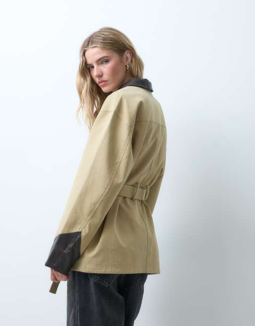 Object tie-waist short jacket with contrast details in beige, 2 of 4