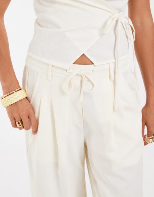 Object tie waist tailored trousers co-ord in cream, 4 of 5