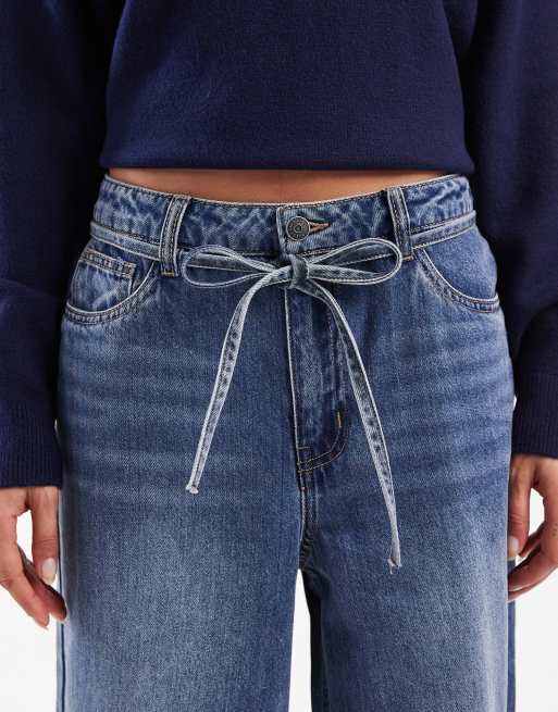 Object tie waist wide leg jeans in medium blue wash, 4 of 5