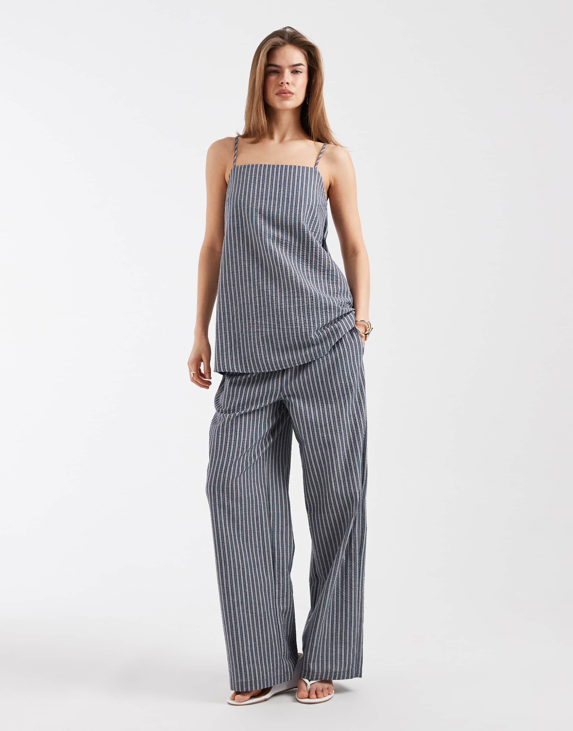 object tie waist wide leg pants in blue stripes - part of a set