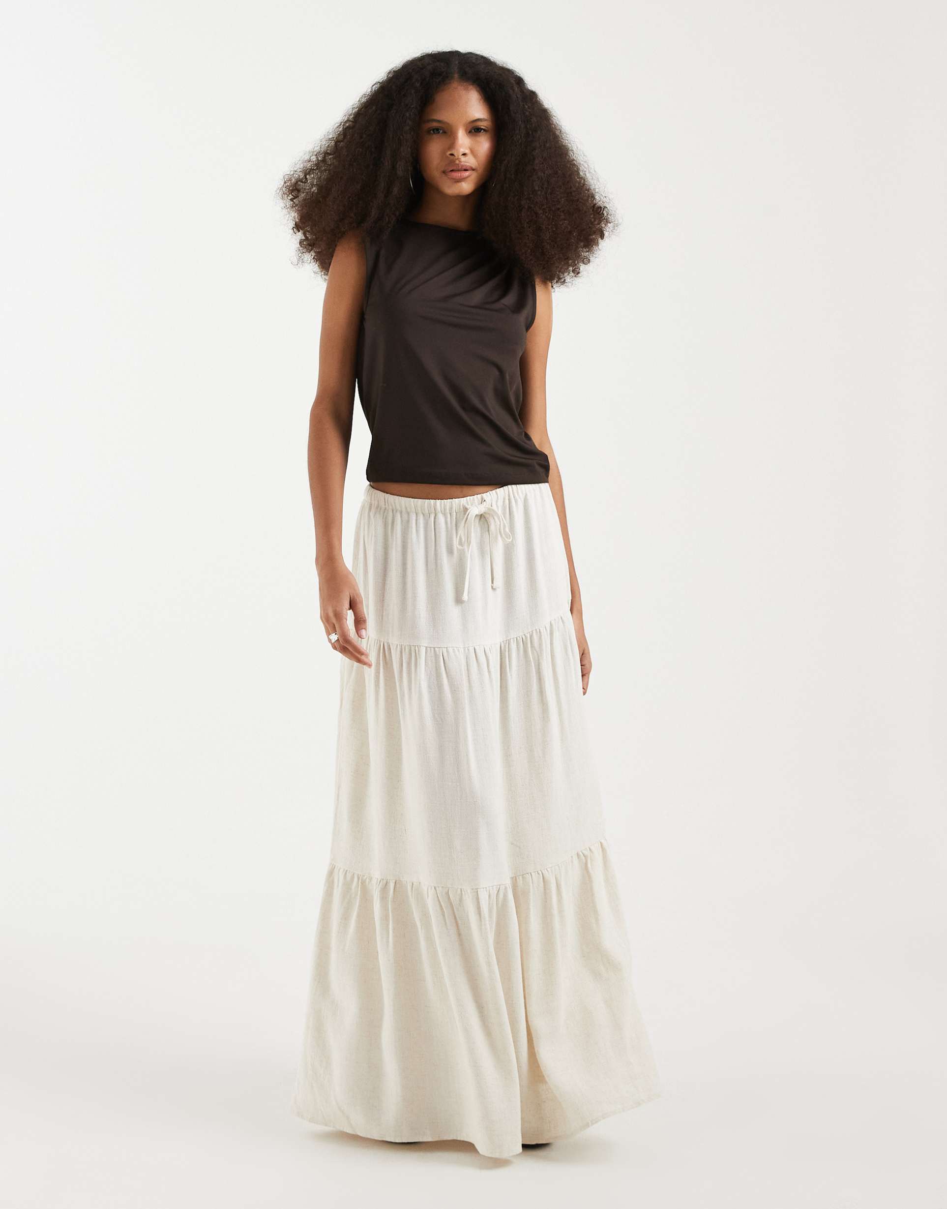 object tiered boho linen mix maxi skirt in sandshell