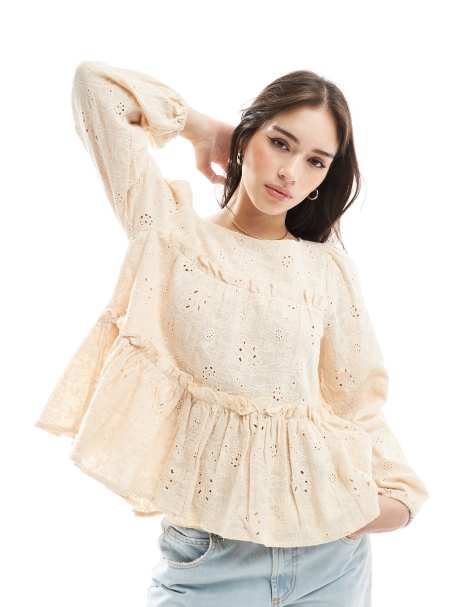 Object tiered long sleeve eyelet top in cream - view 1
