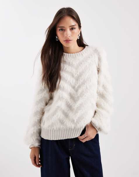 Object tonal fluffy chevron knit sweater in cream - view 1