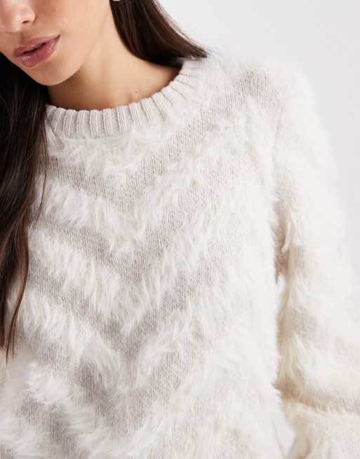 Object tonal fluffy chevron knitted jumper in cream, 2 of 4