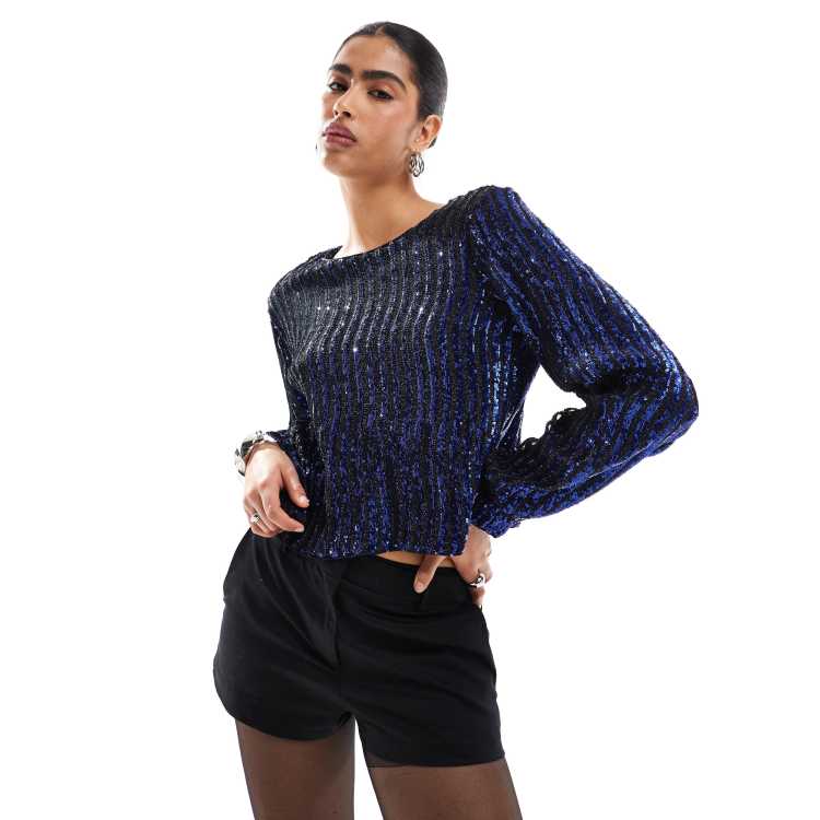 Object Top à sequins avec manches longues Bleu marine ASOS