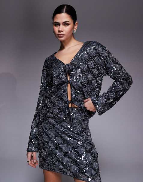 Object - Top allacciato sul davanti argento scuro con paillettes a contrasto in coordinato - view 1