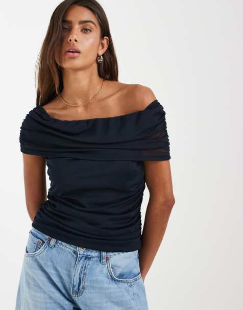 Object - Top azul marino fruncido con escote Bardot de malla - view 1