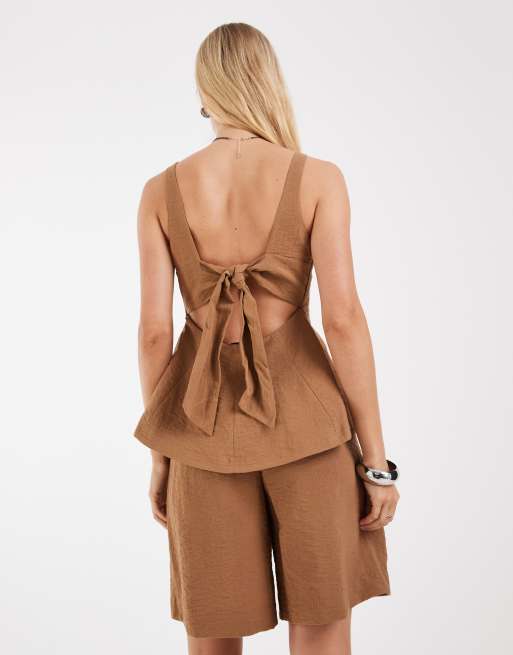 Object - Top d'ensemble ajusté effet froissé avec ourlet à basque et liens noués dans le dos - Camel, 2 de 4