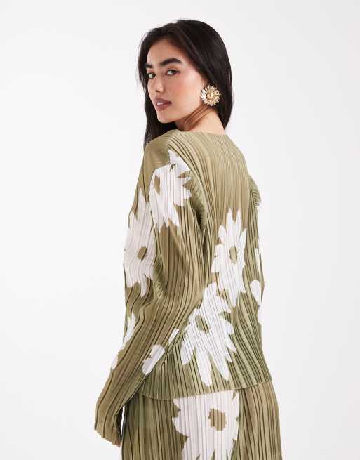 Object - Top d'ensemble plissé à manches longues et imprimé fleuri - Olive , 4 de 4