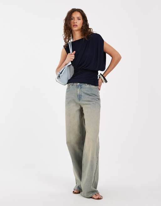 Object - Top drappeggiato con spalle scoperte e dettaglio arricciato blu navy, 2 di 4