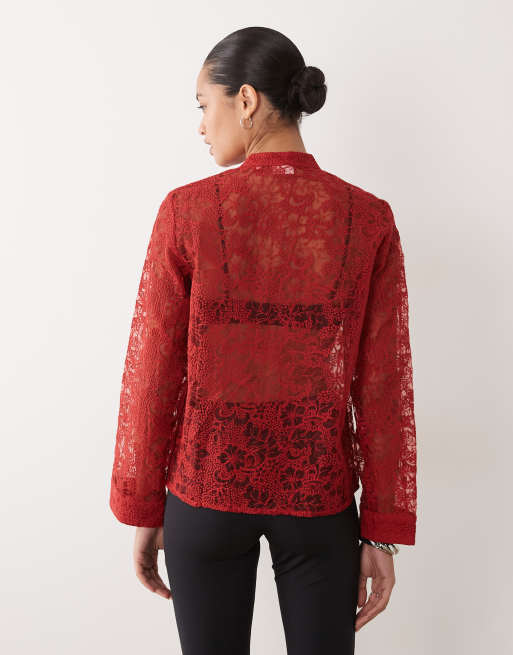Object top en dentelle à manches longues, col mao, boutonné sur le devant, rouge, 4 de 4