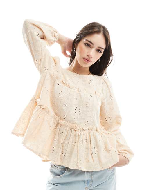 Object - Top étagé à manches longues en broderie anglaise - Crème