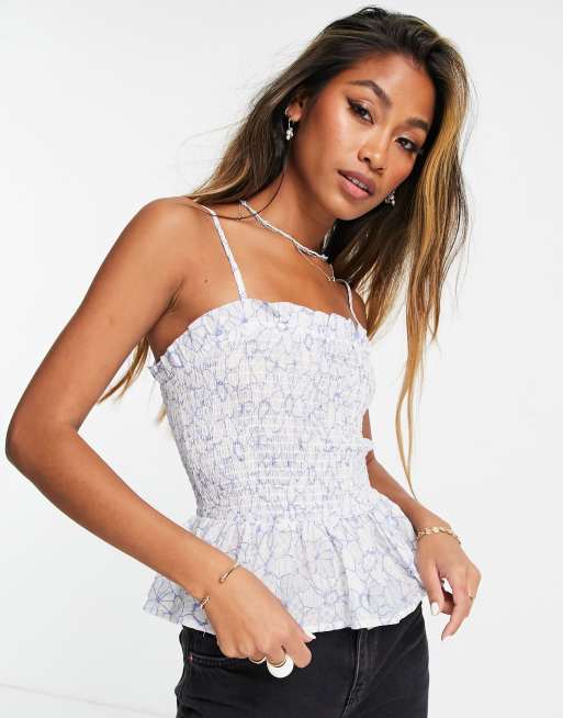 Object - Top froncé à smocks - Blanc fleuri