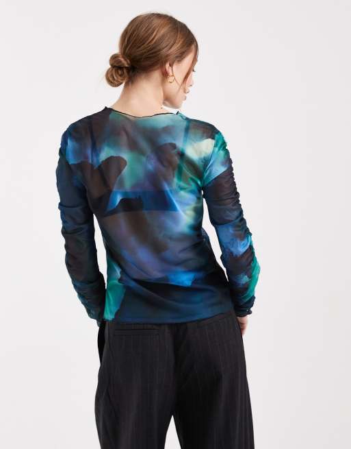 Object - Top in tonalità blu con stampa a fiori sfocata e maniche arricciate, 3 di 4