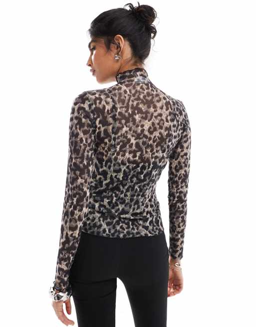 Object Top manches longues en tulle à imprimé léopard et col