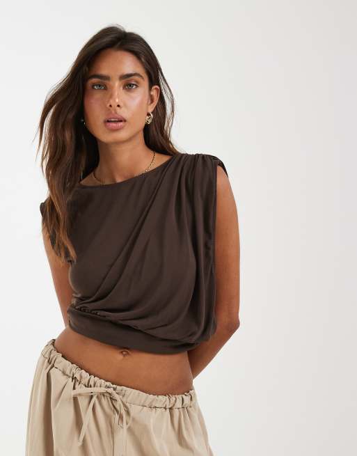 Object - Top marrone cioccolato con spalle drappeggiate e dettaglio arricciato