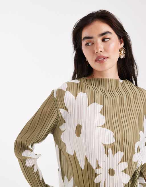 Object - Top plissé a maniche lunghe verde oliva a fiori in coordinato , 2 di 4