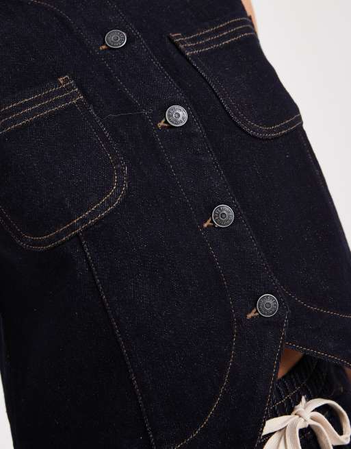 Object - Top premium senza maniche in denim indaco rinse wash con bottoni sul davanti in coordinato, 3 di 4