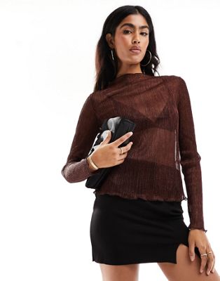 Object sheer high neck top in bitter chocolate shimmer - ASOS Price Checker