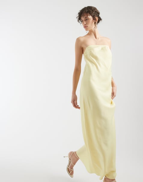 Object – Trägerloses Maxikleid aus Satin in Buttergelb - view 1