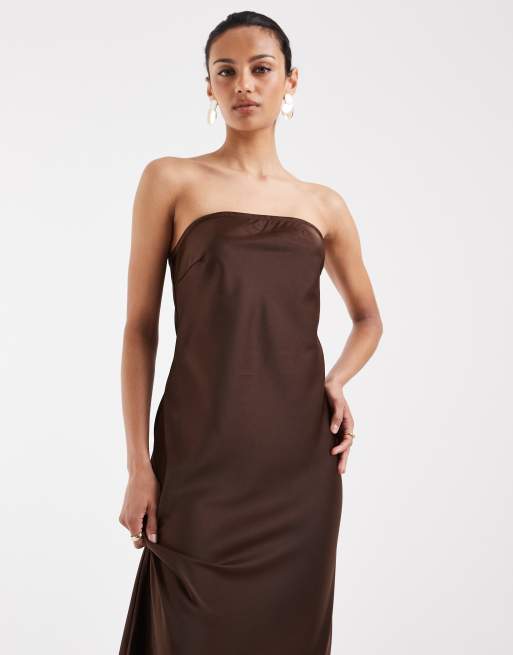 Object – Trägerloses Maxikleid aus Satin in Schokobraun, 3 von 4
