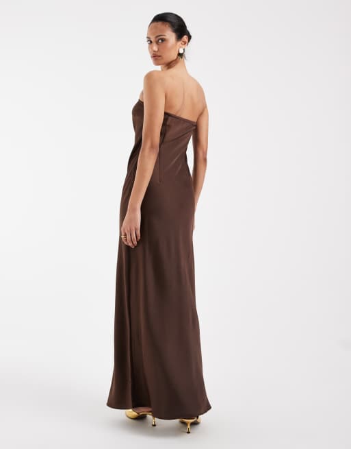 Object – Trägerloses Maxikleid aus Satin in Schokobraun, 4 von 4