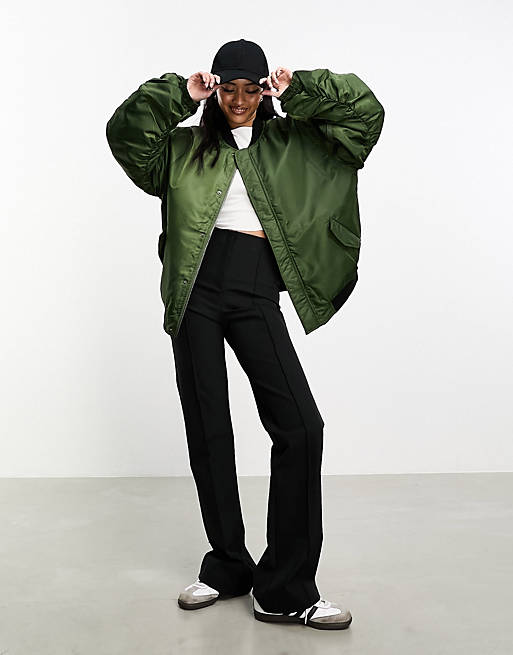 Object ultimate ruched sleeve bomber jacket in green | ASOS