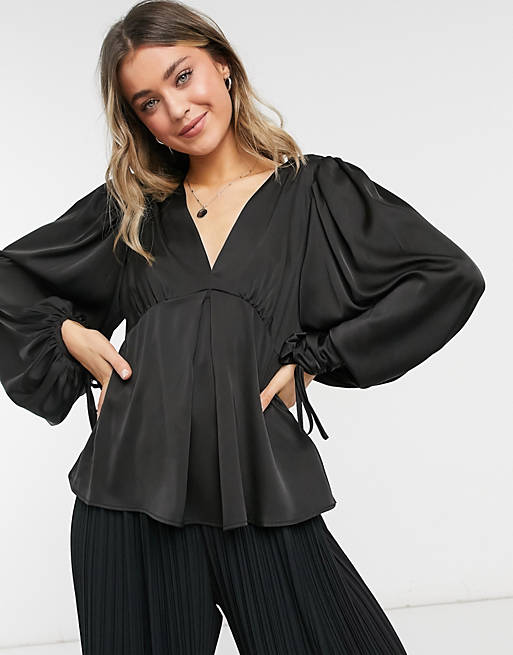 Object V neck blouse with volume sleeve in black