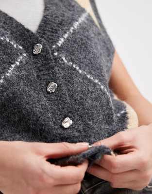 Object V-neck Button Front Knit Sweater Vest In Multi