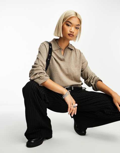 Object v neck knitted polo sweater in fossil beige melange - view 1