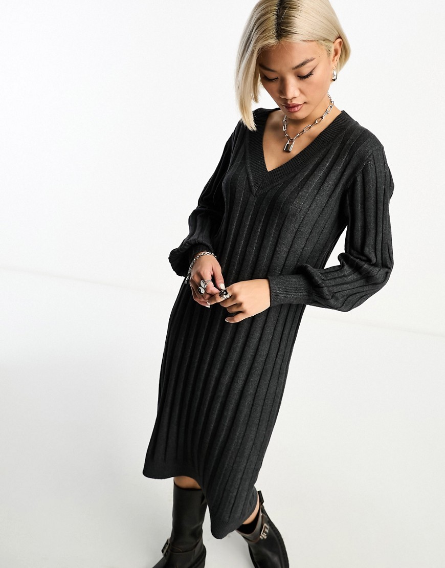 Object v neck knitted ribbed jumper dress in dark grey