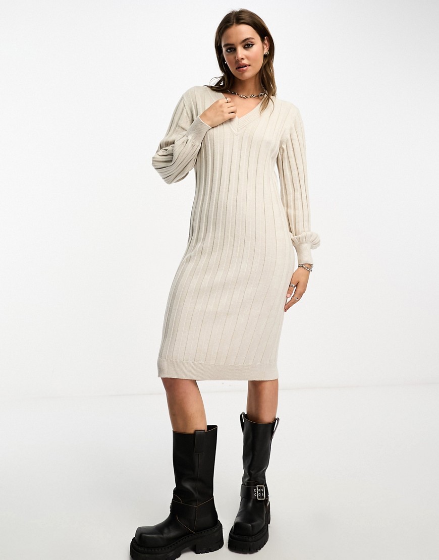 Object v neck knitted ribbed jumper dress in soft stone-Neutral