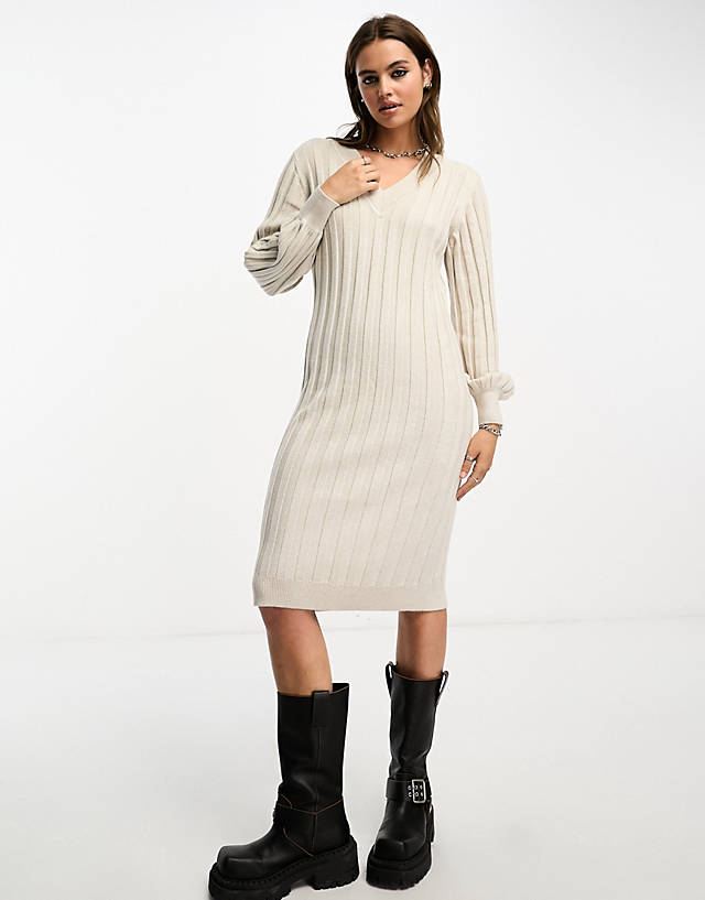 Object - v neck knitted ribbed jumper dress in soft stone