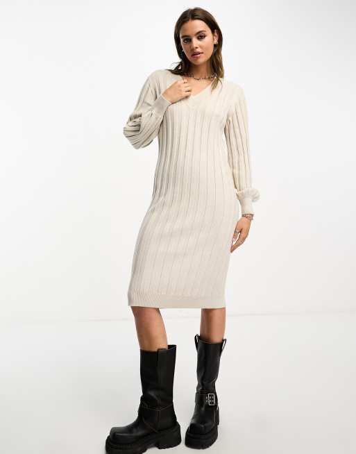 Object v neck knitted ribbed jumper dress in soft stone