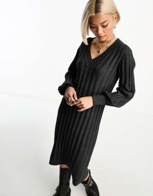 v neck knitted ribbed sweater dress in dark gray