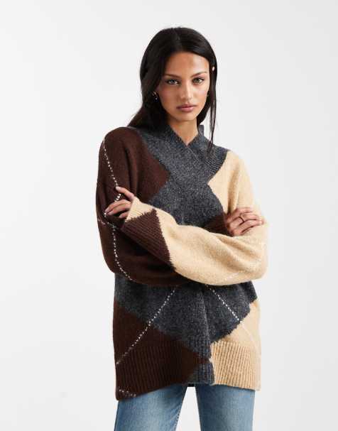 Object v-neck oversized knit sweater in neutral argyle plaid print - view 1