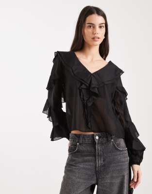Object V Neck Ruffle Top With Tiered Sleeves In Black