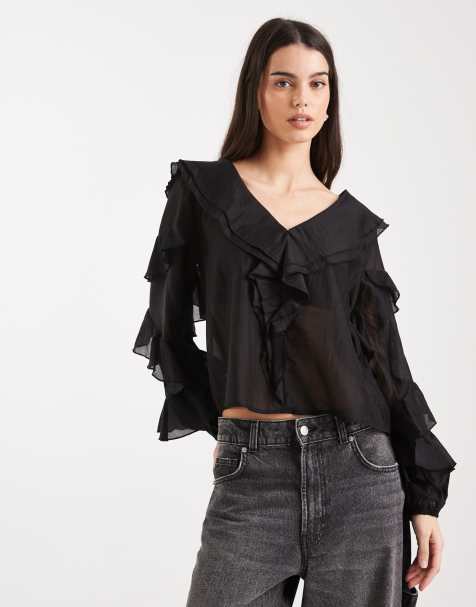 Object v neck ruffle top with tiered sleeves in black