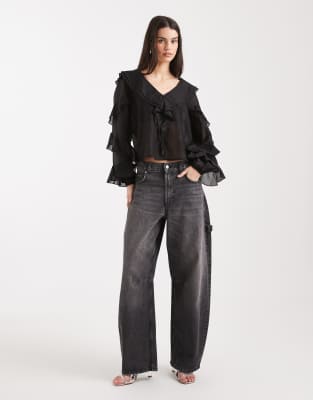 Object V Neck Ruffle Top With Tiered Sleeves In Black