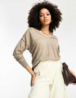 v neck sweater in fossil beige melange-Neutral