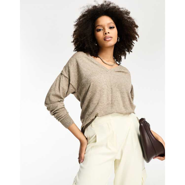 V-neck Sweater - Beige melange - Ladies