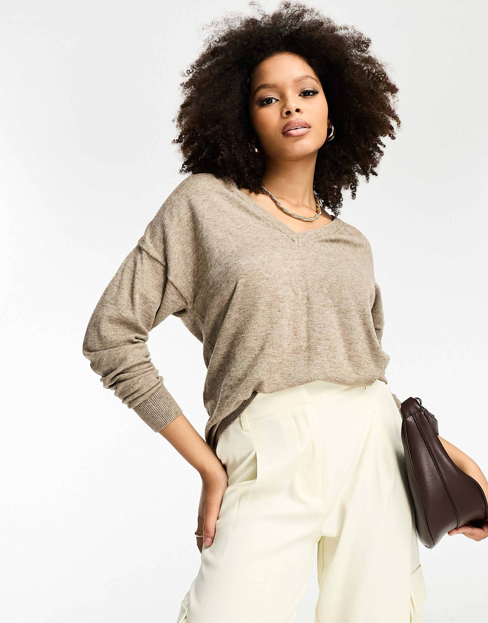 object v neck sweater in fossil beige melange