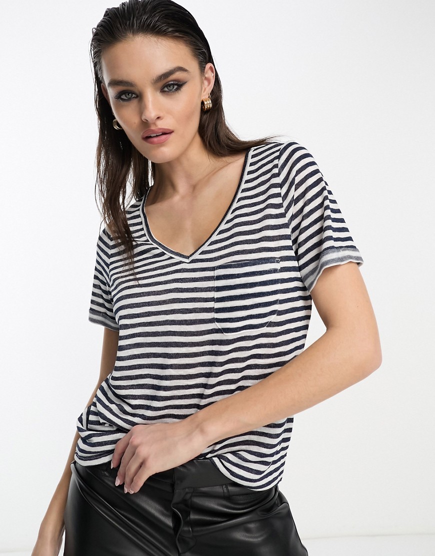 V-neck T-shirt in navy and white stripe-Multi