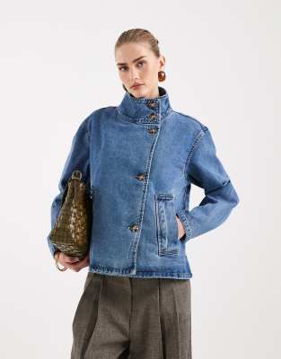 Object - Veste en jean courte douce et boutonnée devant de qualité supérieure - Bleu moyen