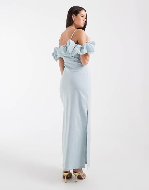 Object - Vestido largo azul pastel con escote Bardot y ribete de volantes de satén, 2 de 4