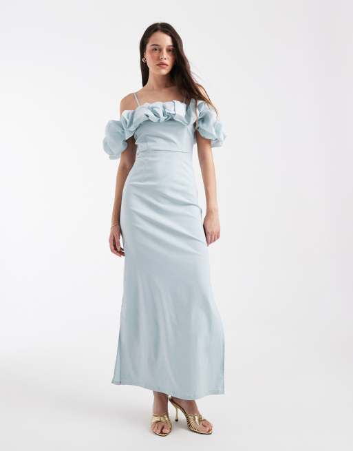 Object - Vestido largo azul pastel con escote Bardot y ribete de volantes de satén, 4 de 4