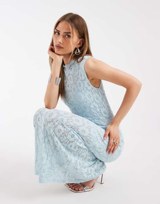 Object - Vestido largo azul pastel sin mangas con cuello alto y diseño integral de encaje floral, 3 de 4